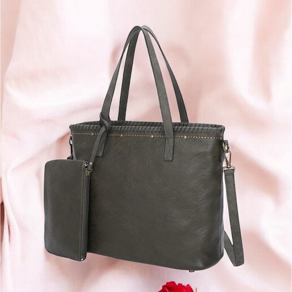 Boho Carrie Black Shoulder bag with studs Women's Tote Bag with Pouch - Picture 3 of 7